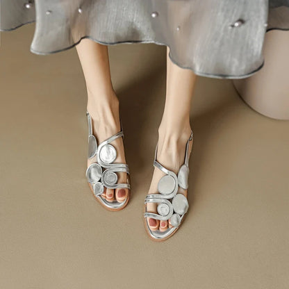 Women's New Round Head Spring/Summer Genuine Leather Sheepskin Spliced Low Heel Large Size Elastic Open Toe Sandals