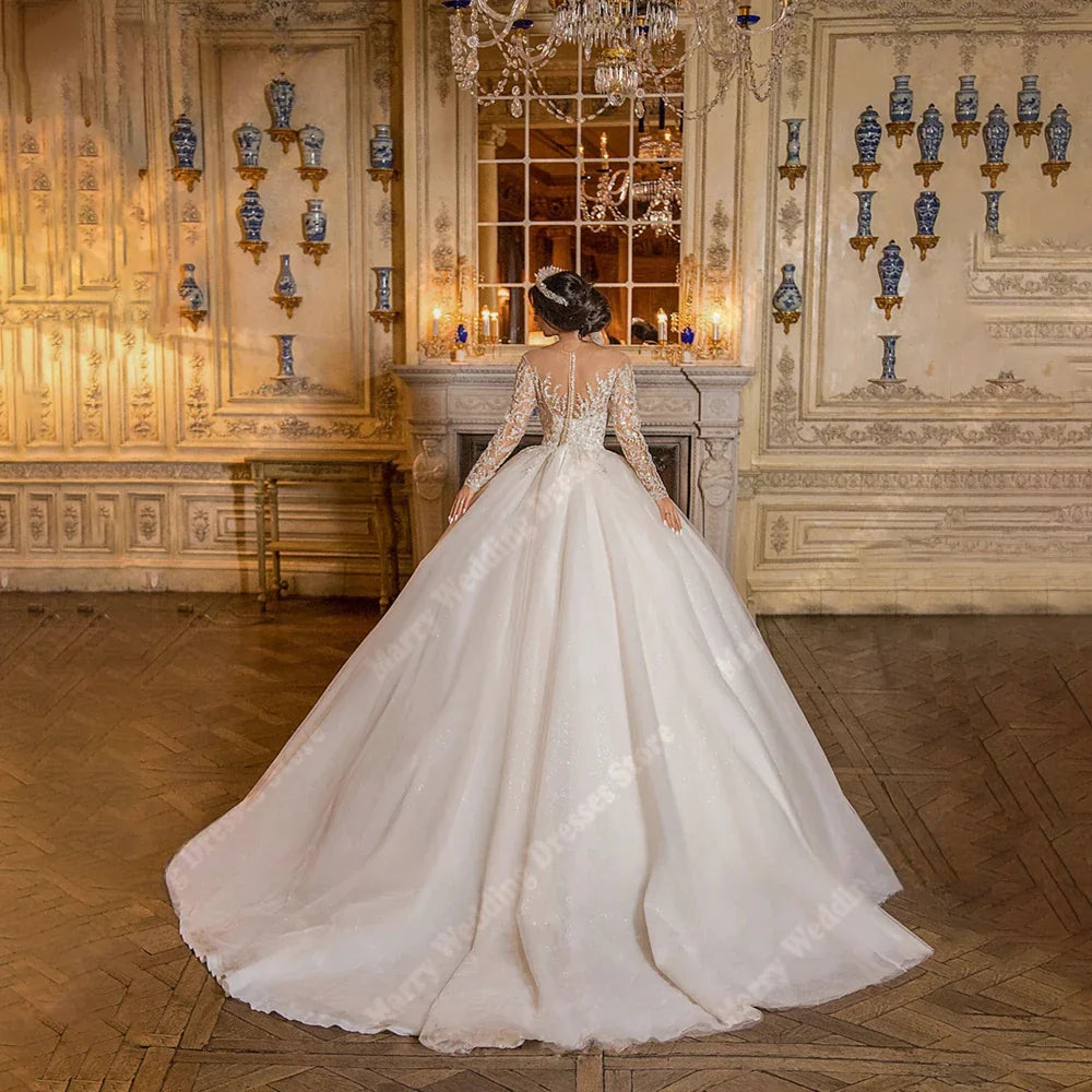 Elegant A-Line Women Wedding Dresses Bright Lace Appliques Bridal Gowns Long Sleeves Princess Vestidos De Novias Boda Customized