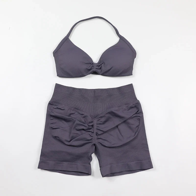 Scrunch Seamless Yoga Set Women Sportswear Ribbed Gym Shorts Strappy Sports Bra 2 Piece Set Halter Workout Clothes Fitness Suit