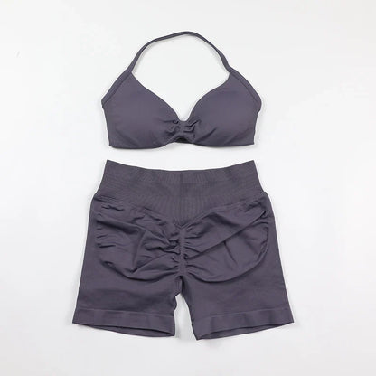 Scrunch Seamless Yoga Set Women Sportswear Ribbed Gym Shorts Strappy Sports Bra 2 Piece Set Halter Workout Clothes Fitness Suit