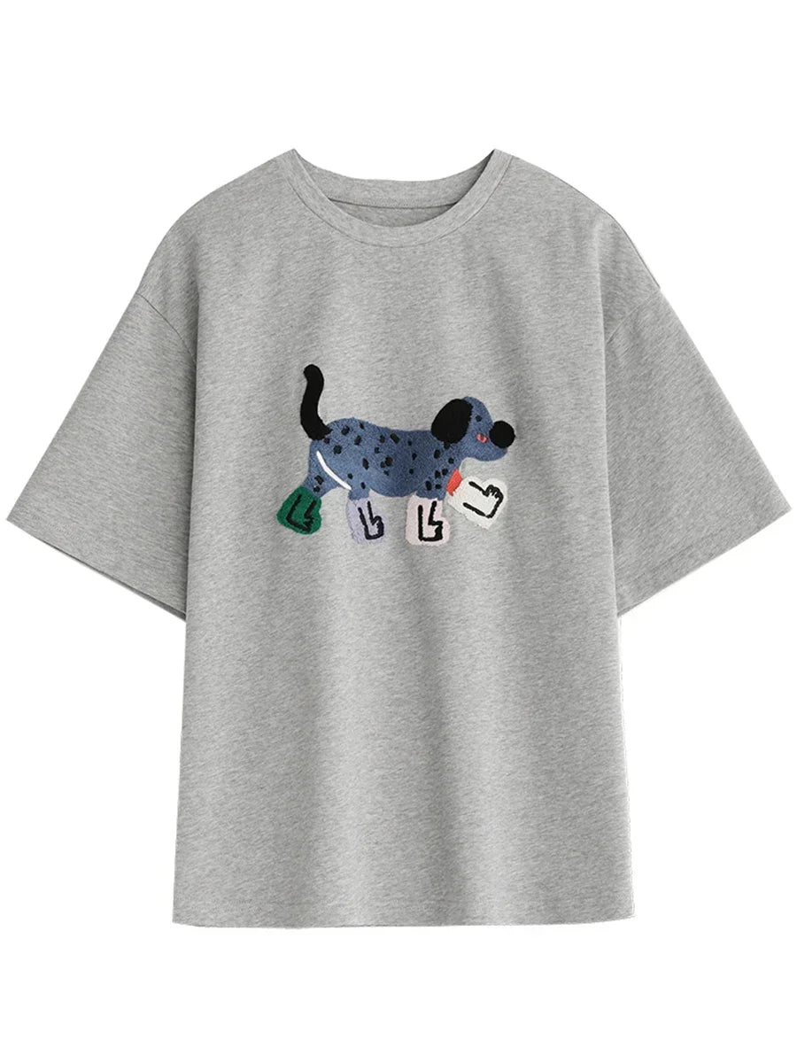 CHIC VEN Camisetas Femininas Soltas Streetwear Unissex Divertido Cão Bordado Manga Curta Algodão Blusas Menina Femininas Verão 2025
