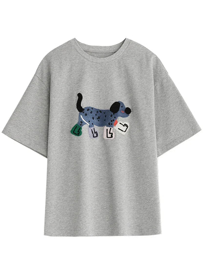 CHIC VEN Camisetas Femininas Soltas Streetwear Unissex Divertido Cão Bordado Manga Curta Algodão Blusas Menina Femininas Verão 2025