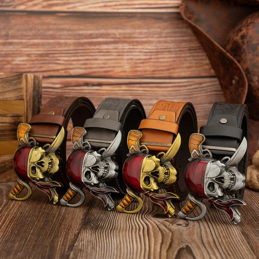 Oil-dripping Pirate Blindfolded skull buckle, retro and fashionable skull PU embossed rivet belt, unisex belt
