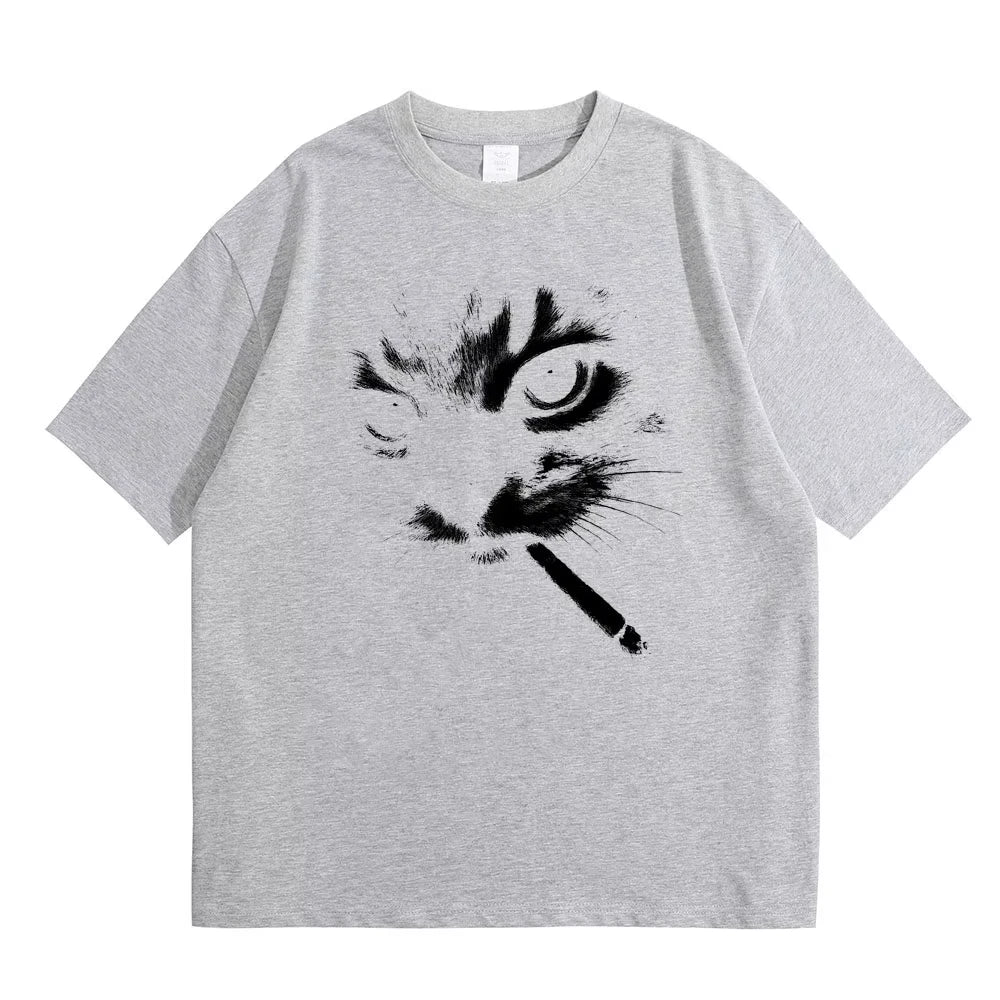 Funny Meme Smoking Cat Face Graphic T-shirts Men Women Casual Cotton Vintage T Shirts Men's Oversized T-shirts Cats Lovers Gifts