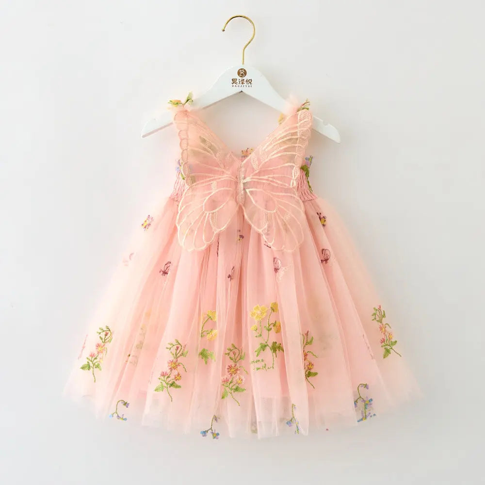 Girls Princess Dress with 3D Wings - Sparkle Tulle Sleeveless Gown, Fairy Puffy Party Dress for Birthday & Holiday