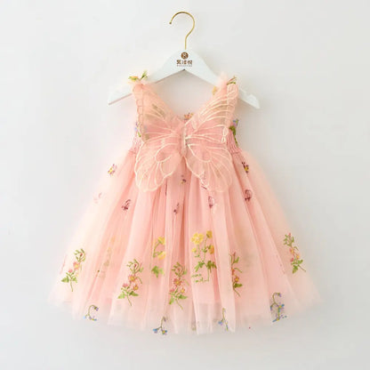Girls Princess Dress with 3D Wings - Sparkle Tulle Sleeveless Gown, Fairy Puffy Party Dress for Birthday & Holiday