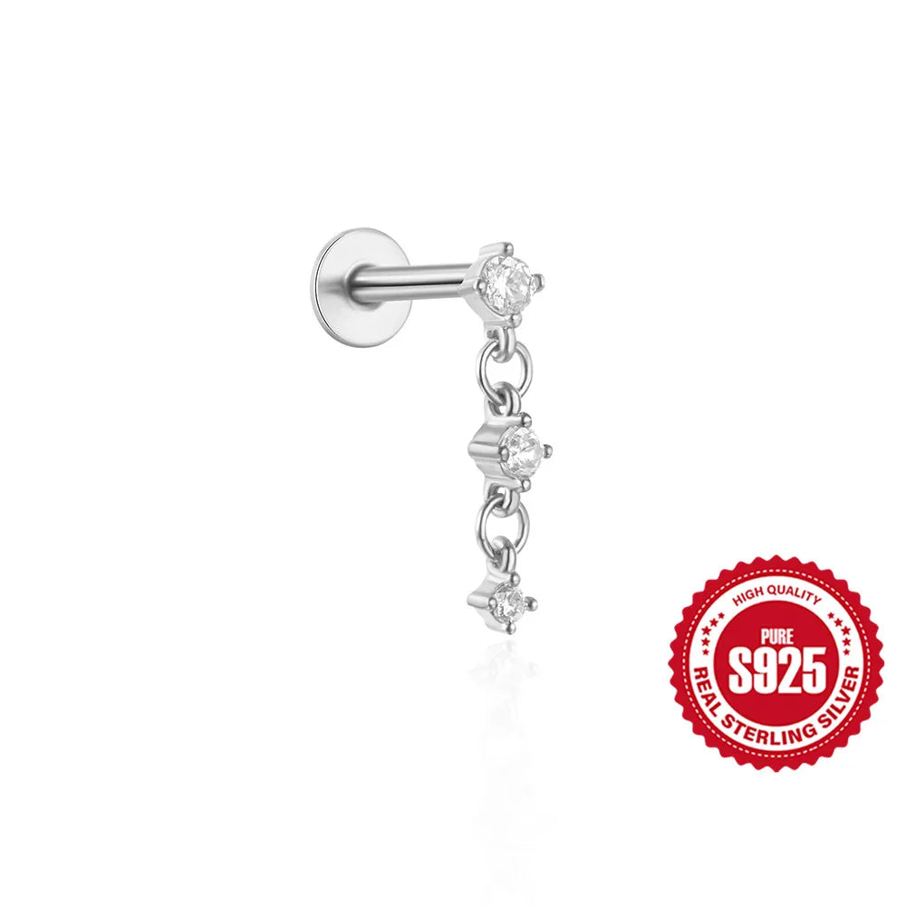 1PC Four Pointed Star Moon Tassel Lotus Cartilage Spiral Puncture 925 Sterling Silver Stud Earring For Women Ins Earring