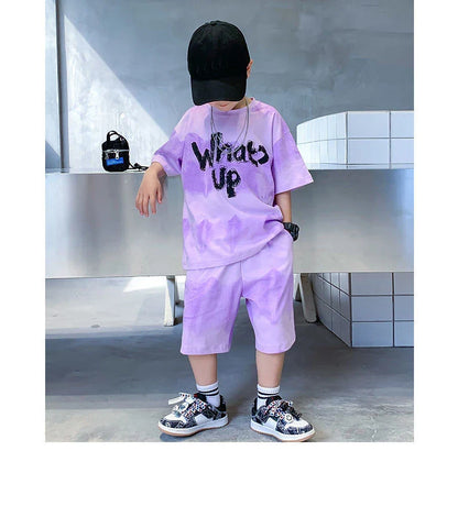 2024 New Boy Summer Quick dry Suit Children Streetwear what's up Short Sleeve TShirt + Shorts Two piece Sports Set Loose Outfits