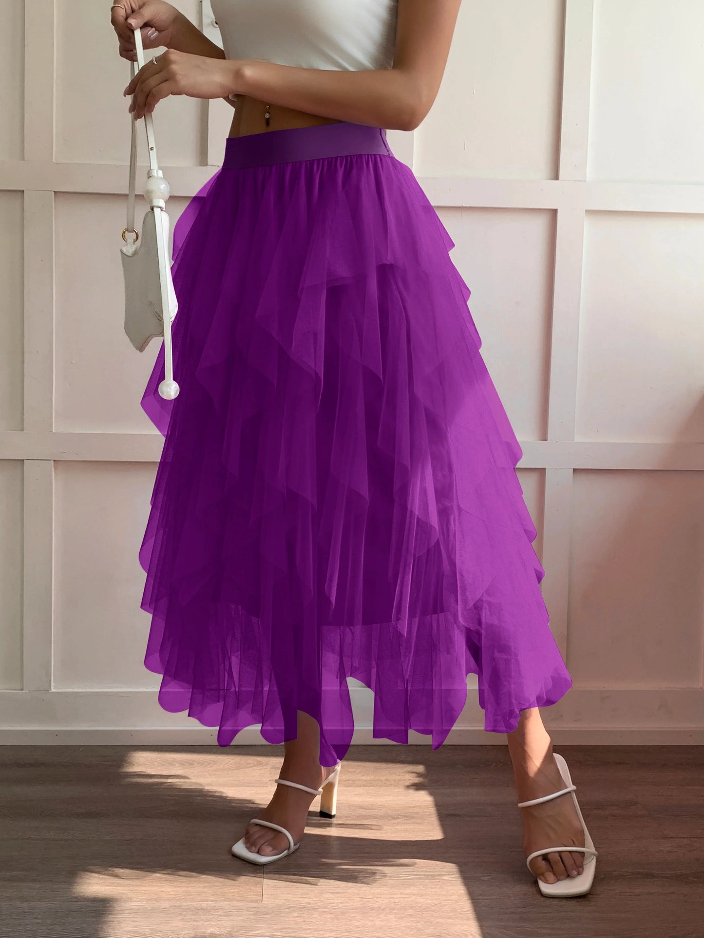 Medium waist chiffon long skirt for women, irregular layered pleated edge layered cake skirt, elegant fairy A-line skirt