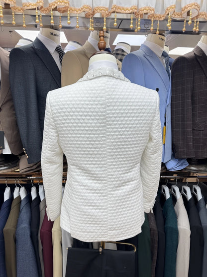 White Jacquard Men's Tuxedo 3 Pieces Blazer Vest Pants Wedding Groom Best Man Outfit Customized Suit Set For Men Birthday Party
