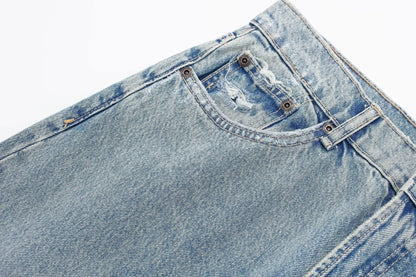 Women's Street Fashion Denim Blue Jeans Distressed Patchwork High Waist Zipper Fly Ripped Retro Long Pants