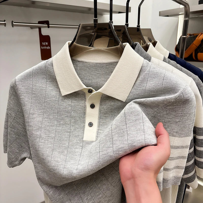 2026 Men's Short Sleeved Polo Shirt with High-end Feel, Summer Thin Design, Knitted Collar, Linen T-shirt As Base