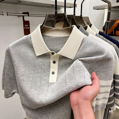 2026 Men's Short Sleeved Polo Shirt with High-end Feel, Summer Thin Design, Knitted Collar, Linen T-shirt As Base