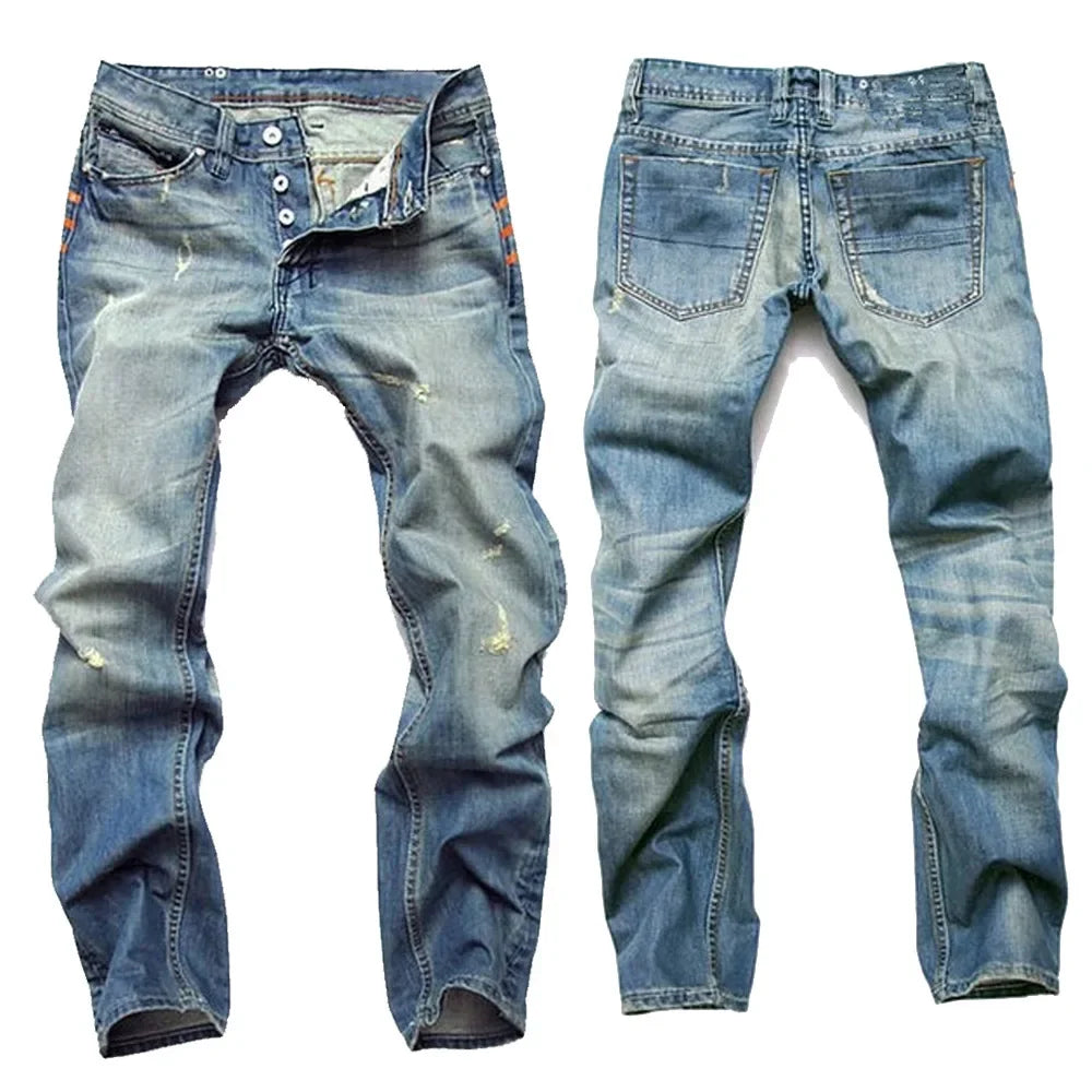 Vintage Straight-Leg Slim Fit Men's Jeans With Buttoning Casual Style Dark Blue Stretchy Comfortable Fit For All Seasons