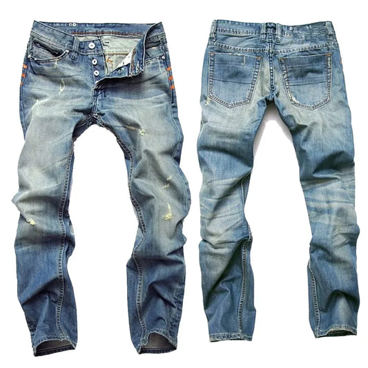 Vintage Straight-Leg Slim Fit Men's Jeans With Buttoning Casual Style Dark Blue Stretchy Comfortable Fit For All Seasons