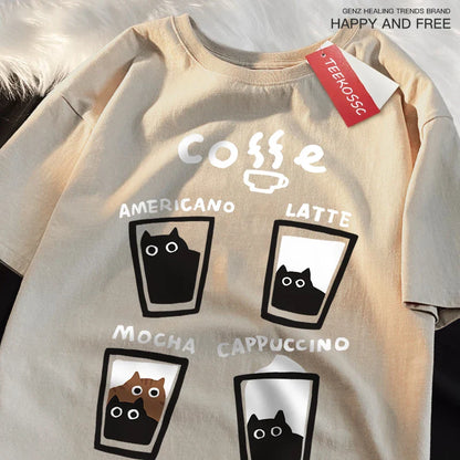 Fun Coffee Cat Japanese Style Men Women T-Shirts Oversize Tshirt Breathable Loose Short Sleeve Tee Clothes Cotton Streetwear