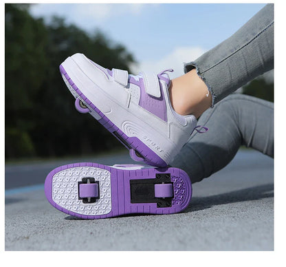 Autumn 2025 Kids Walking Shoes Detachable Double Wheel Roller Skates Boy Leather Student Shoe Four Wheeled Children Shoes Girl