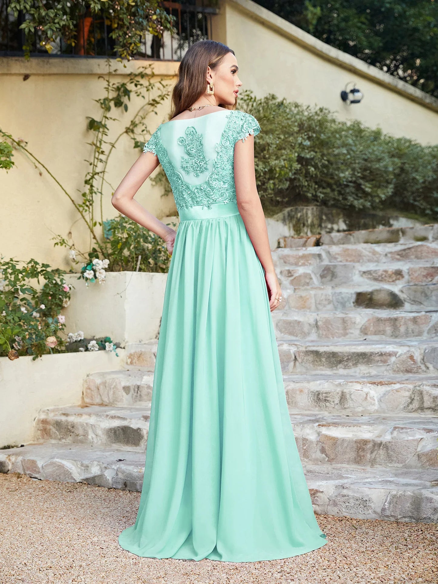 A-line V Neck Sleeveless Floral Lace Chiffon Back Hollow Long Paty Bridesmaid Dress Women 2024 For Wedding Sexy Evening Dress