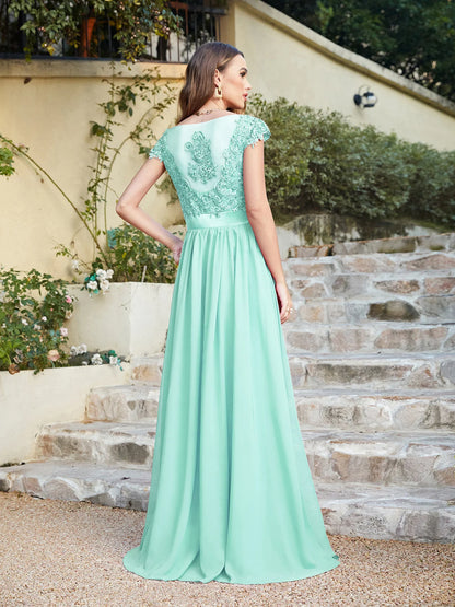 A-line V Neck Sleeveless Floral Lace Chiffon Back Hollow Long Paty Bridesmaid Dress Women 2024 For Wedding Sexy Evening Dress