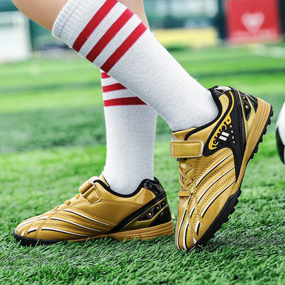 Fashion Gold Children's Football Shoes Outdoor Non-slip Turf Soccer Shoes Kids HOOK&LOOP Low-cut Sports Sneakers Child Trainers