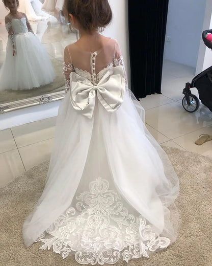 Children's First Communion Ball Gown Wedding Party Bridesmaid Dress Kids 3-9 Years Lace Tulle Flower Girl Dress Up Buttons Bows