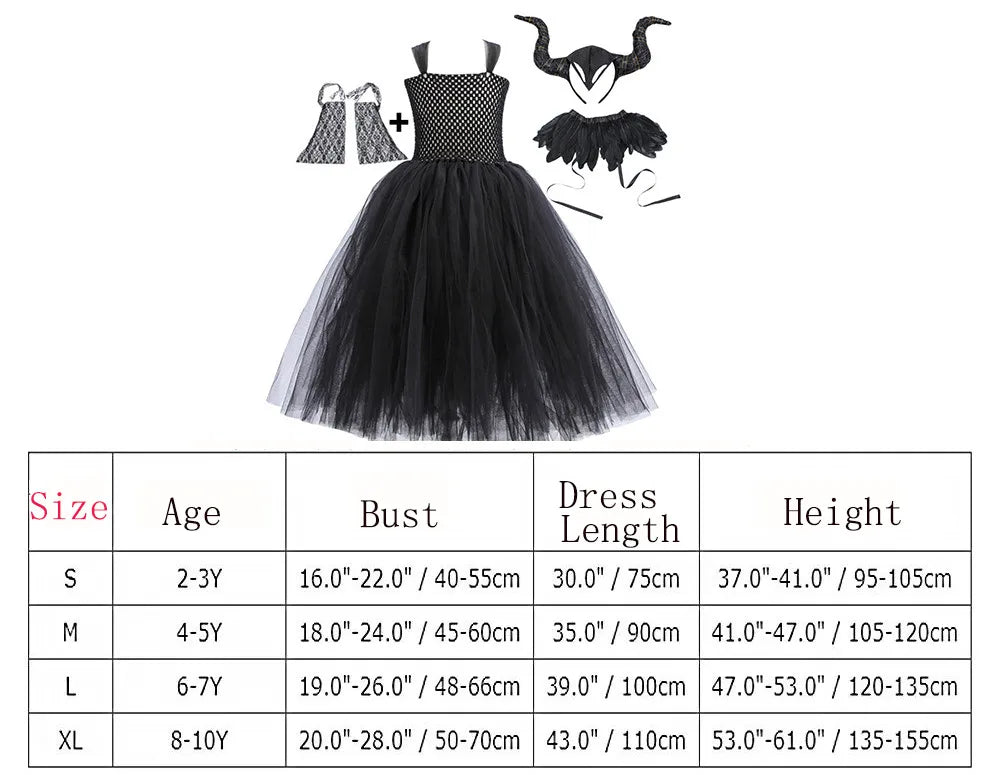 2-10Yrs Maleficent Girl Evil Queen Black Tutu Dress with Feather Scarf Halloween 2026 Villain Party Gothic Costume Gown Vestidos