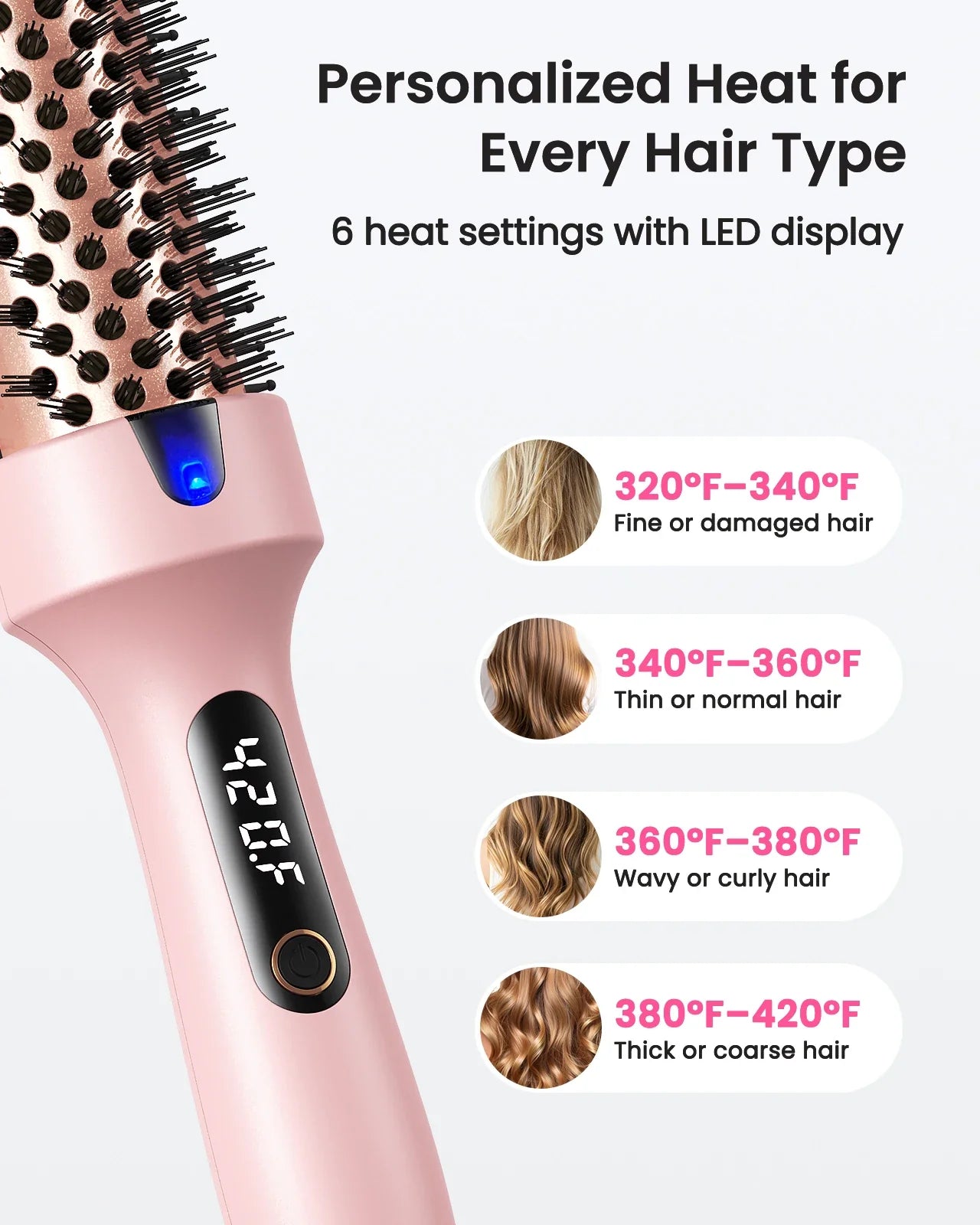 Ionic Thermal Brush Dual Voltage 6 Temperature Settings & LED Digital Display For Curling And Straightening Hot Air Styler