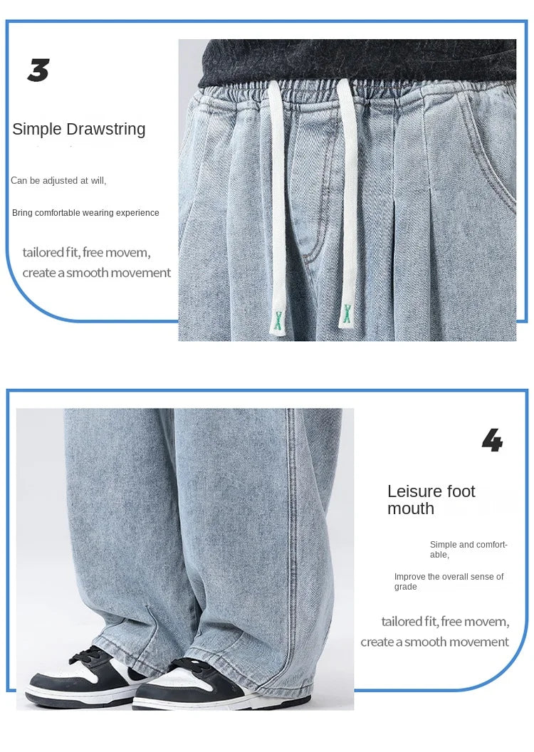 New Men's Elastic Waist Jeans Loose Wide Leg Casual Straight Long Trousers Comfortable Stretch Denim Pants Trendy Brand