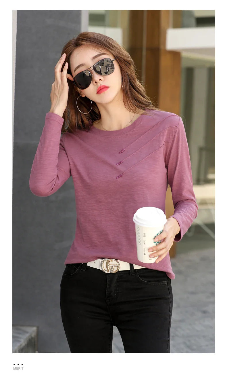 Summer Women Ribbed Cotton Tee-Shirts Female Button Loose Casual Fashion T-shirts 2026 Long Sleeve O-Neck Korea Tops