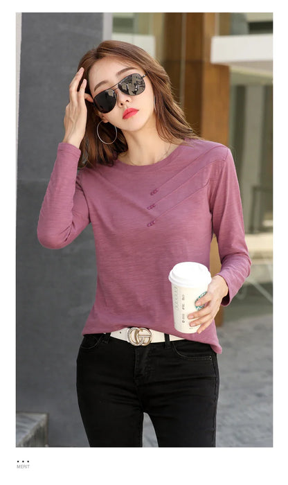 Summer Women Ribbed Cotton Tee-Shirts Female Button Loose Casual Fashion T-shirts 2026 Long Sleeve O-Neck Korea Tops