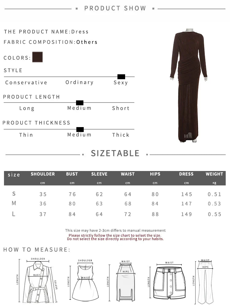 Folds Maxi Dress Women o-Neck Full Sleeve Solid Banquet Elegant Vacation Fashion Autumn Skinny Casual Simple Vestidos