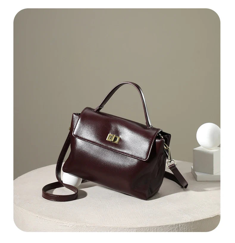 Genuine Leather Top Handle Crossbody Bag for Women Vintage Oil Wax Leather Shoulder Bag Small Luxury Designer Satchel Handbag