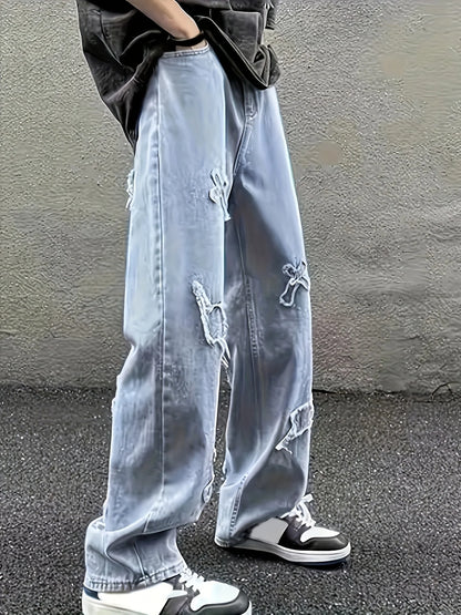 Men's jeans patch lightning jeans men's loose jeans worn-out jeans