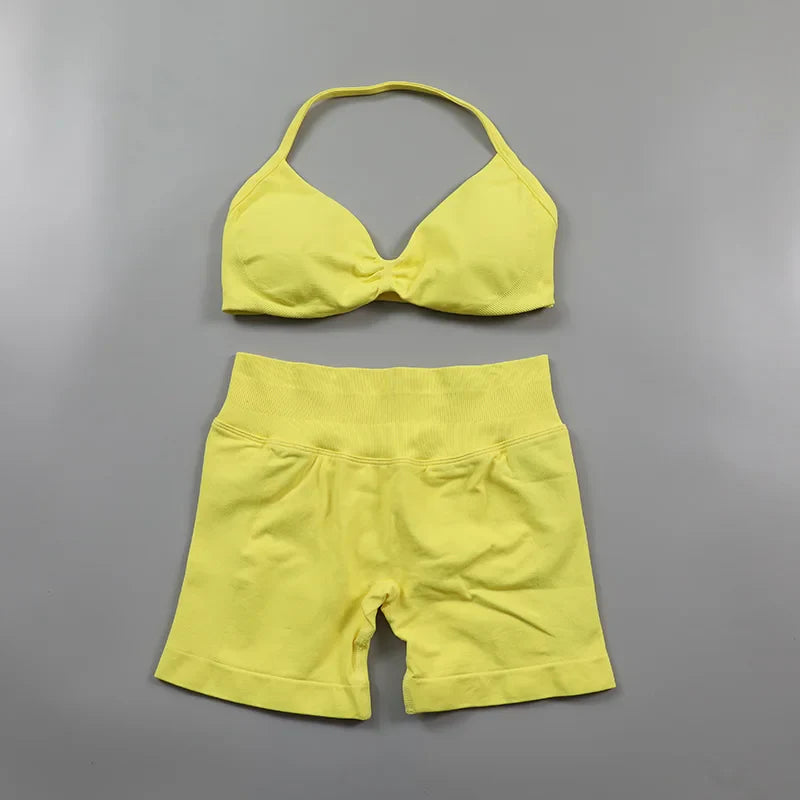 Scrunch Seamless Yoga Set Women Sportswear Ribbed Gym Shorts Strappy Sports Bra 2 Piece Set Halter Workout Clothes Fitness Suit