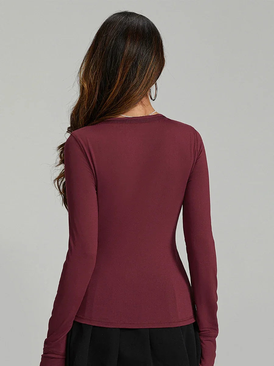 Women y2k Long Sleeve Bodycon T-Shirts Sexy V Neck Low-cut Solid Color Soft Slim Fit Tops Spring Fall Casual Going Out Tee Top