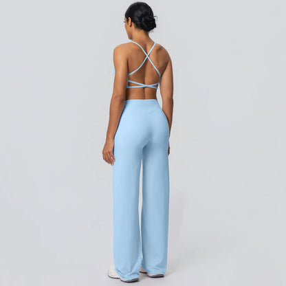 Women Gym Sports Yoga Suit Sexy Beautiful Back Yoga Underwear With Chest Pad Solid Color High Waisted Wide Leg Pants Yoga Set