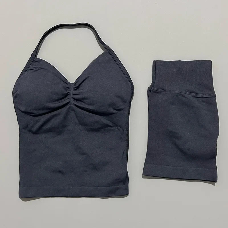 No Logo 2 Pies Sports Set Women Backless Tank Yoga Tops High Waist Scrunch Seamless Shorts Sport Gym Set Sportswear Workout Set