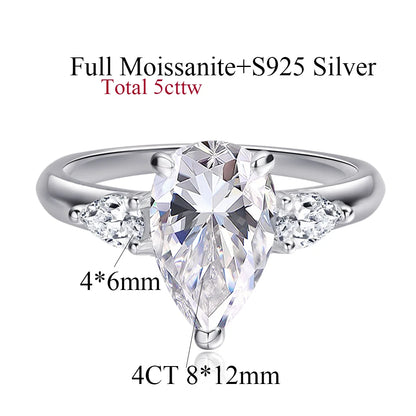 1/2/3/4CT Pear Cut Moissanite 3-stone Ring for Women S925 Silver Sparkling D Waterdrop Diamond Wedding Band Fine Jewelry
