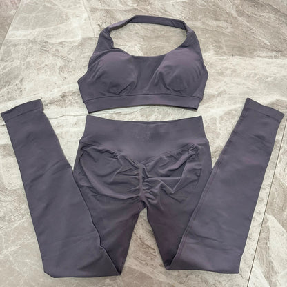 Yoga Legging Sets for Women Seamless Yoga Set Scrunch Butt Legging Set Workout Gym Suit with Halter Crop Top