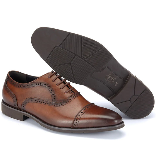 Men's Genuine Leather Brogue Oxfords, Business Formal Dress Shoes with Soft Rubber Sole