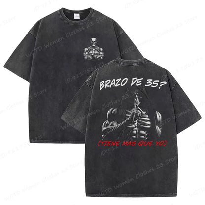 Calacas Chidas Gym Washed T-Shirts Men's Trendy Cool Skeleton & Gym Print Oversized Tshirt Summer Tees Streetwear Casual Tops