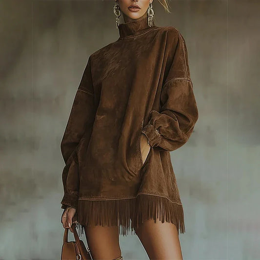 Retro Suede Tassel Women Mini Dress High Neck Long Sleeve Pockets Fringe Hem Party Dress American Retro Autumn Street Dress