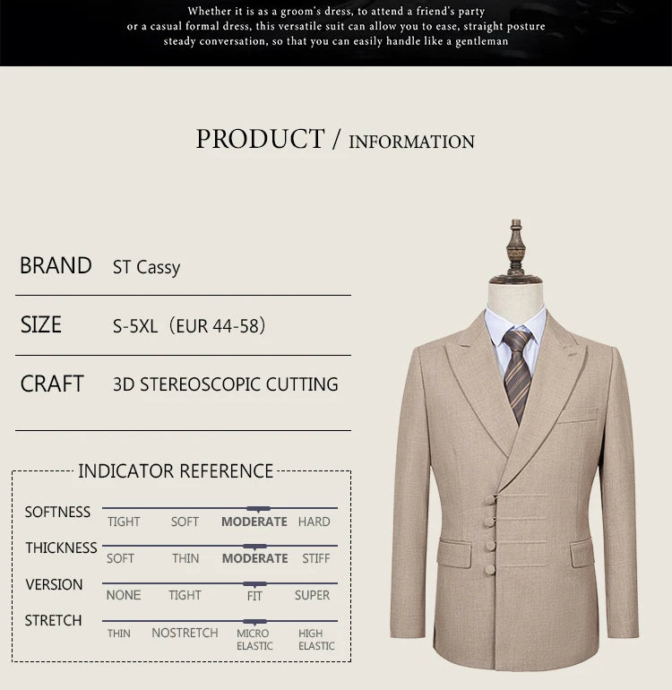 Elegant man suit for wedding grey Slim Fit Double Breasted Multiple buttons Casual Business man 2 piece party outfit