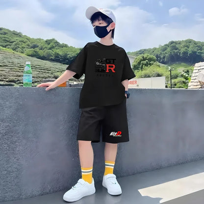 Kids Summer 2pcs Short Sleeve T-shirts+pants Suits 3-12 Years Boys Girls Casual Outfits Children Japanese Manga Racing Clothes