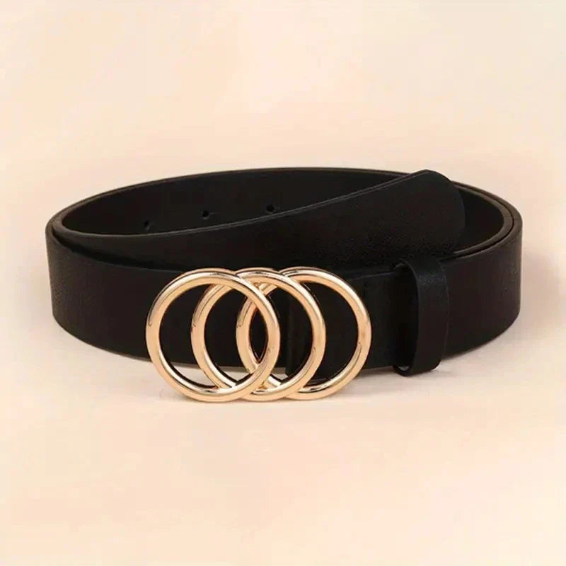 Golden Triple Ring Buckle Belts Simple Solid Color PU Leather Waistband Classic Jeans Pants Belt Dress Coat Girdle For Women