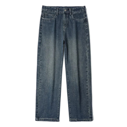 American Men's Y2K Retro Blue Denim Jeans Autumn Spring Relaxed Fit Korean Streetwear Casual Wide-leg Pants with Spliced Pockets