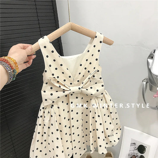 Girls Sleeveless Polka Dot Dress 2025 Summer New Children Vest Dress Baby Bow Princess Cotton Dress