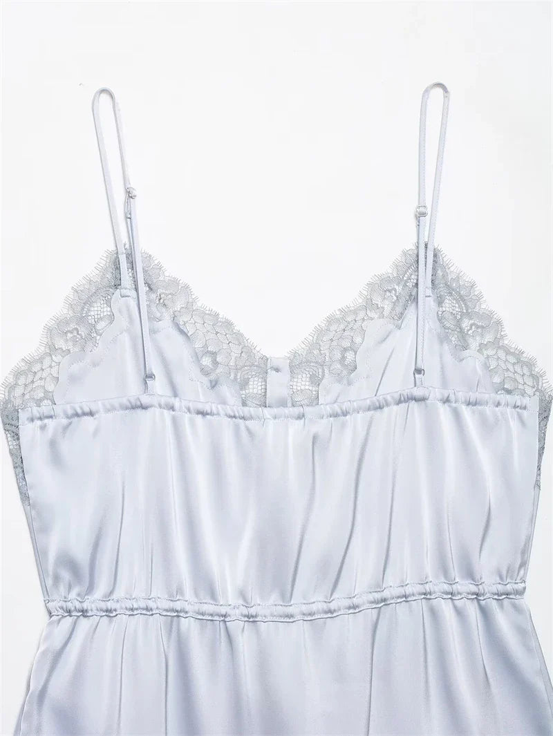Women's Top 2026 New Spring Summer Lace Decoration Satin Textured Top for Women Chic Personality Female Spaghetti Strap Top