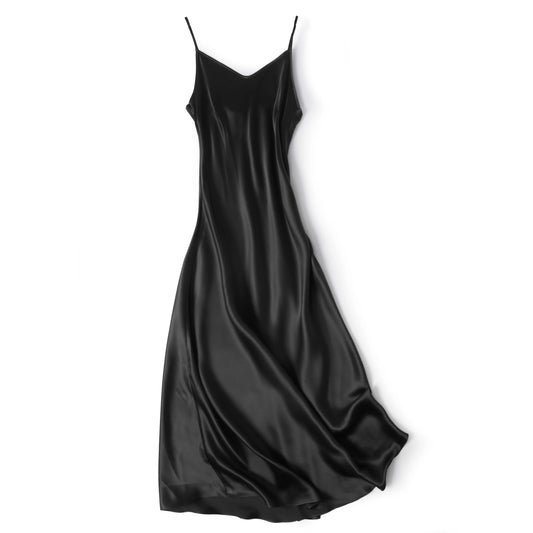 100% Natural Mulberry Silk Plain Satin French V-neck Diagonal Cut Women's Sexy Solid Suspender Dress