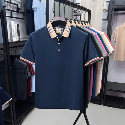 Fashion brand luxury short sleeve polo shirt men summer quality silky cotton breathable business casual striped collar T-shirt